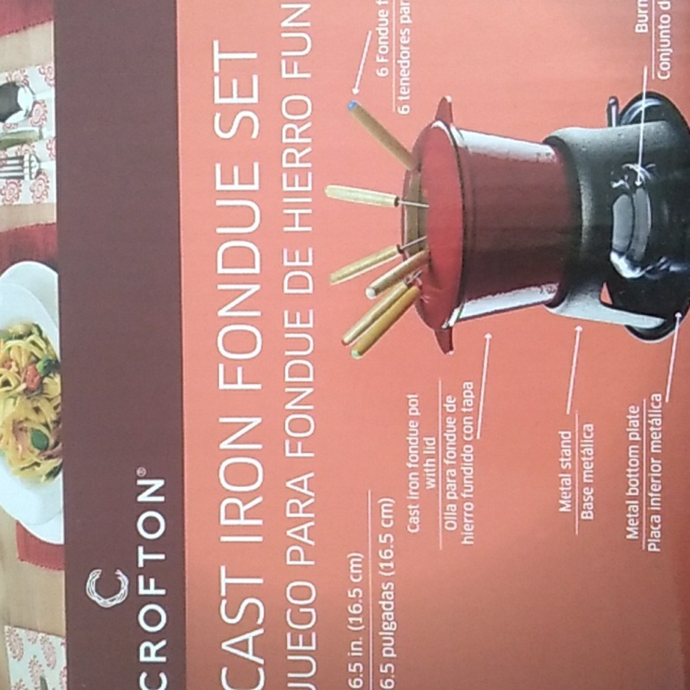 🫕 Modern CAST IRON Fondue Set Porcelain 
Pot Lid & Skewers BARN RED & Recipes - Picture 11 of 16